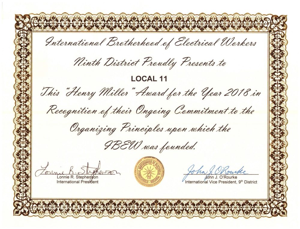 Ninth District Recognizes IBEW 11 Organizing Efforts!
