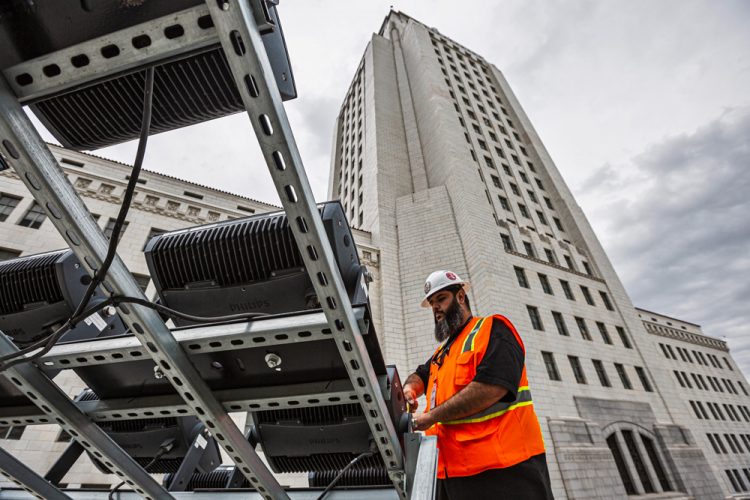 How Local 11 Members Rigged LA City Hall For a Unique Lighting Display